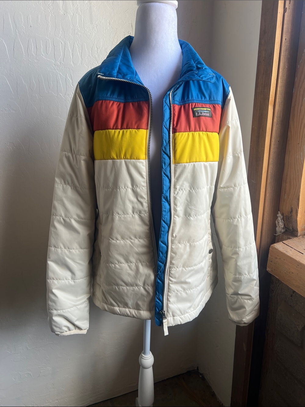 L.L. Bean Cream Puffer Jacket with Blue, Red & Yellow Panels